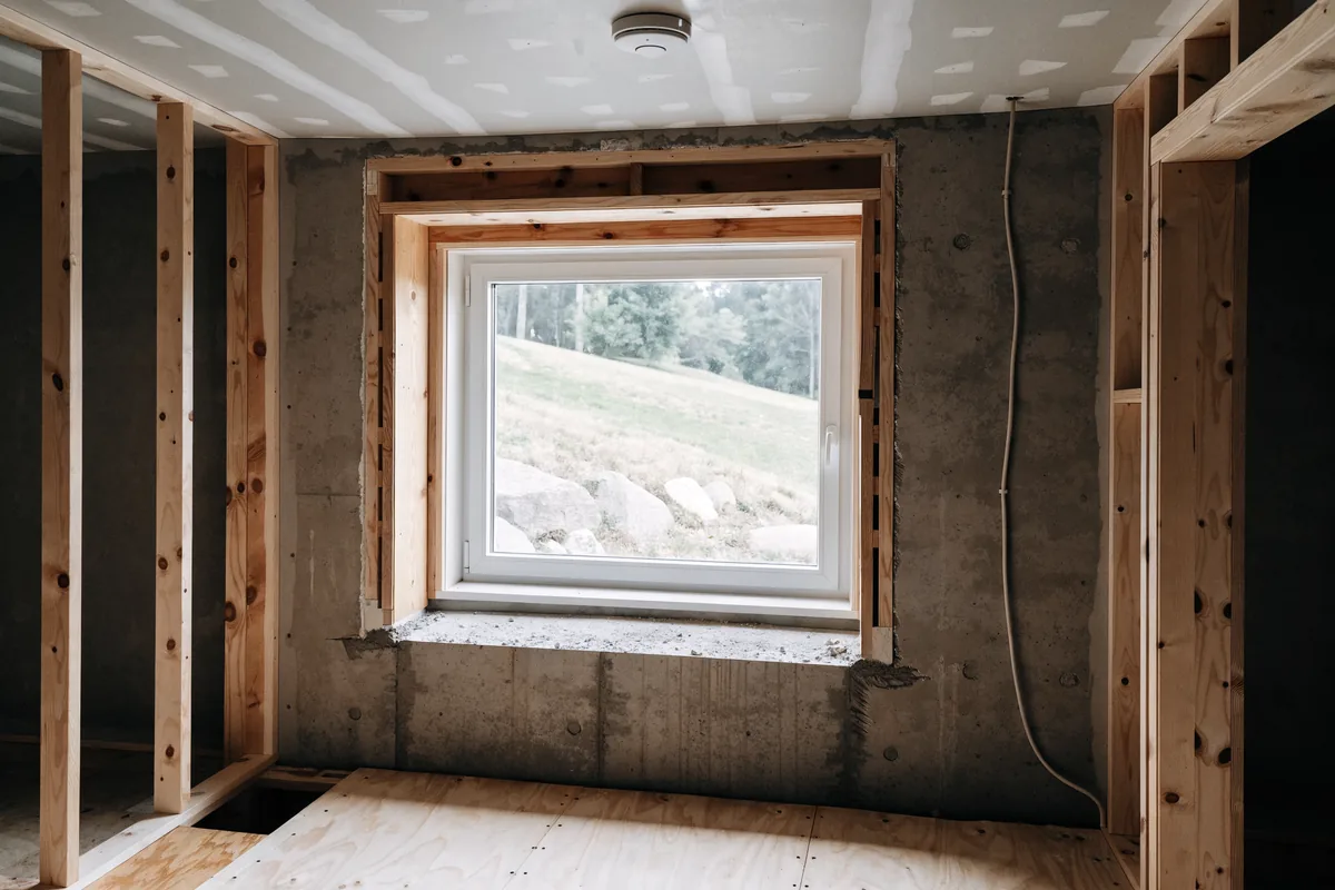 Illustration of a new egress window in a poured concrete basement wall with stud framing and a smoke alarm on the drywall ceiling, GTA legal suite