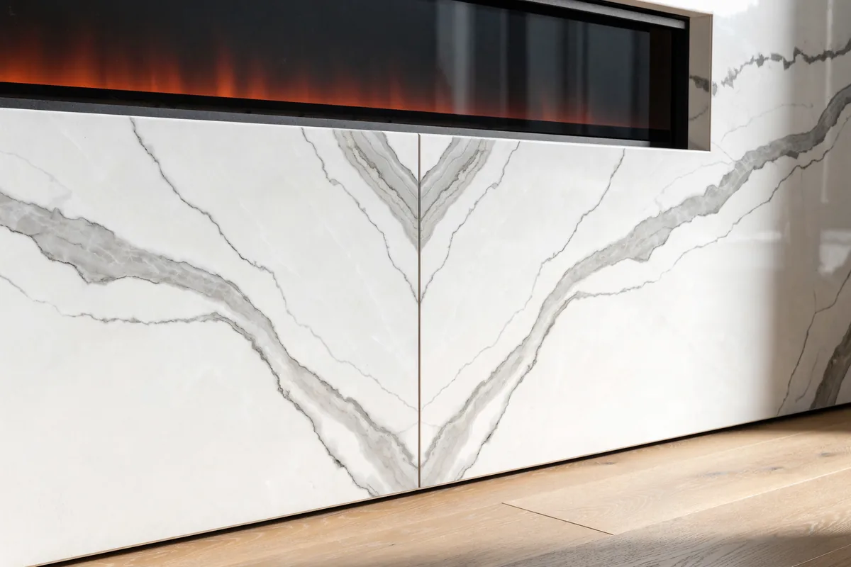 Illustration of two bookmatched porcelain slabs meeting at a centred seam below a flush linear electric fireplace in a GTA feature wall