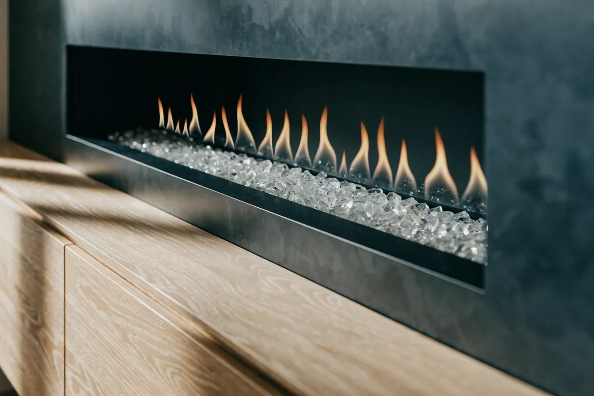Illustration of a recessed linear electric fireplace with crystal media and LED flame effect in a charcoal porcelain wall above a white oak media cabinet, Vaughan