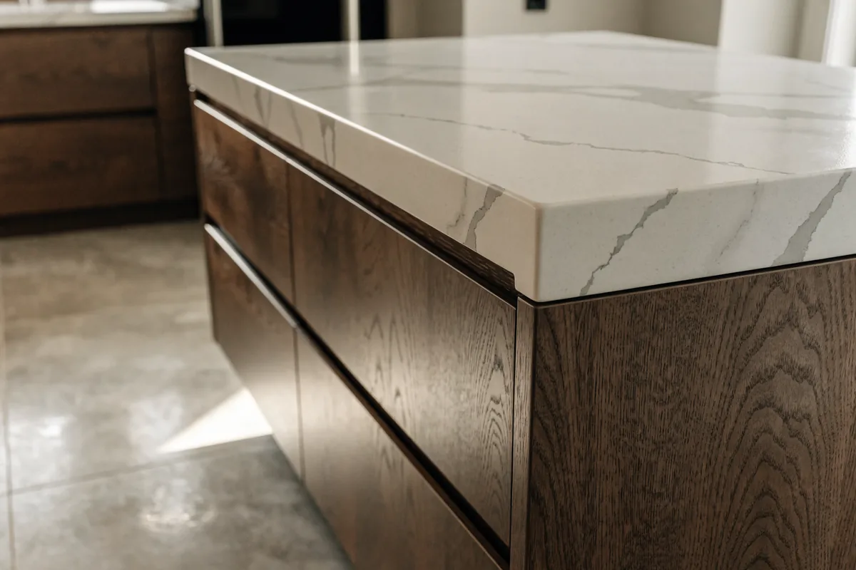 Illustration of a thick veined porcelain slab countertop on a walnut kitchen island with handleless drawers in a GTA kitchen renovation